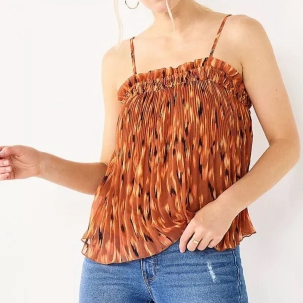 NINE WEST M RUST ORANGE BLACK IKAT LEOPARD PLEAT SMOCKED RUFFLE TANK TOP NWT - Picture 5 of 14
